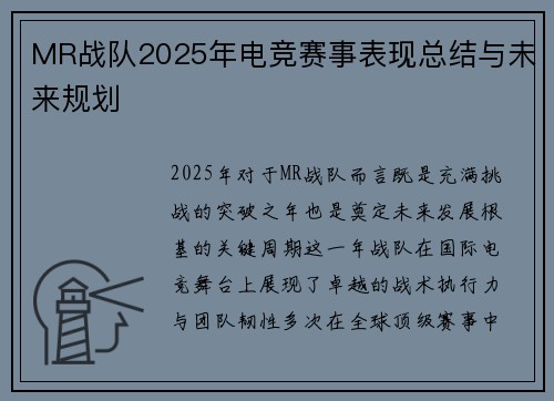 MR战队2025年电竞赛事表现总结与未来规划