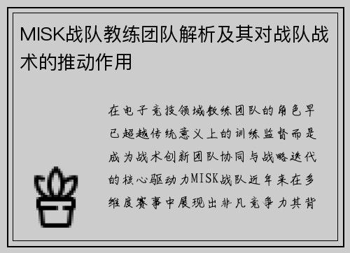 MISK战队教练团队解析及其对战队战术的推动作用